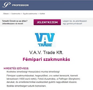 V.A.V. Trade hirdetés a Profession.hu oldalain.